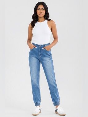 High Waisted Denim Jogger Jeans Light Wash Elastic Hem Relaxed Fit Casual Pants